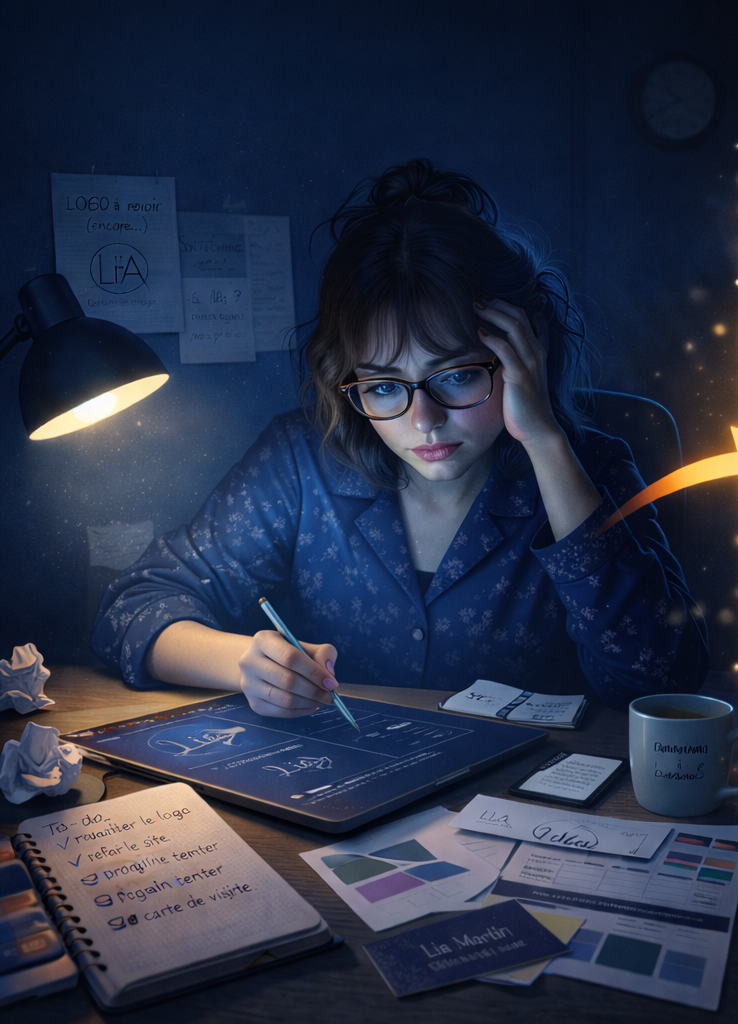 Conseillère en image à son bureau qui travaille sur son site internet au lieu de prospecter