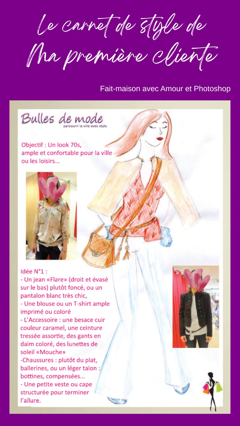 Carnet de style de ma première cliente de personal shopping : croquis dessiné à la main et photos d'essayage